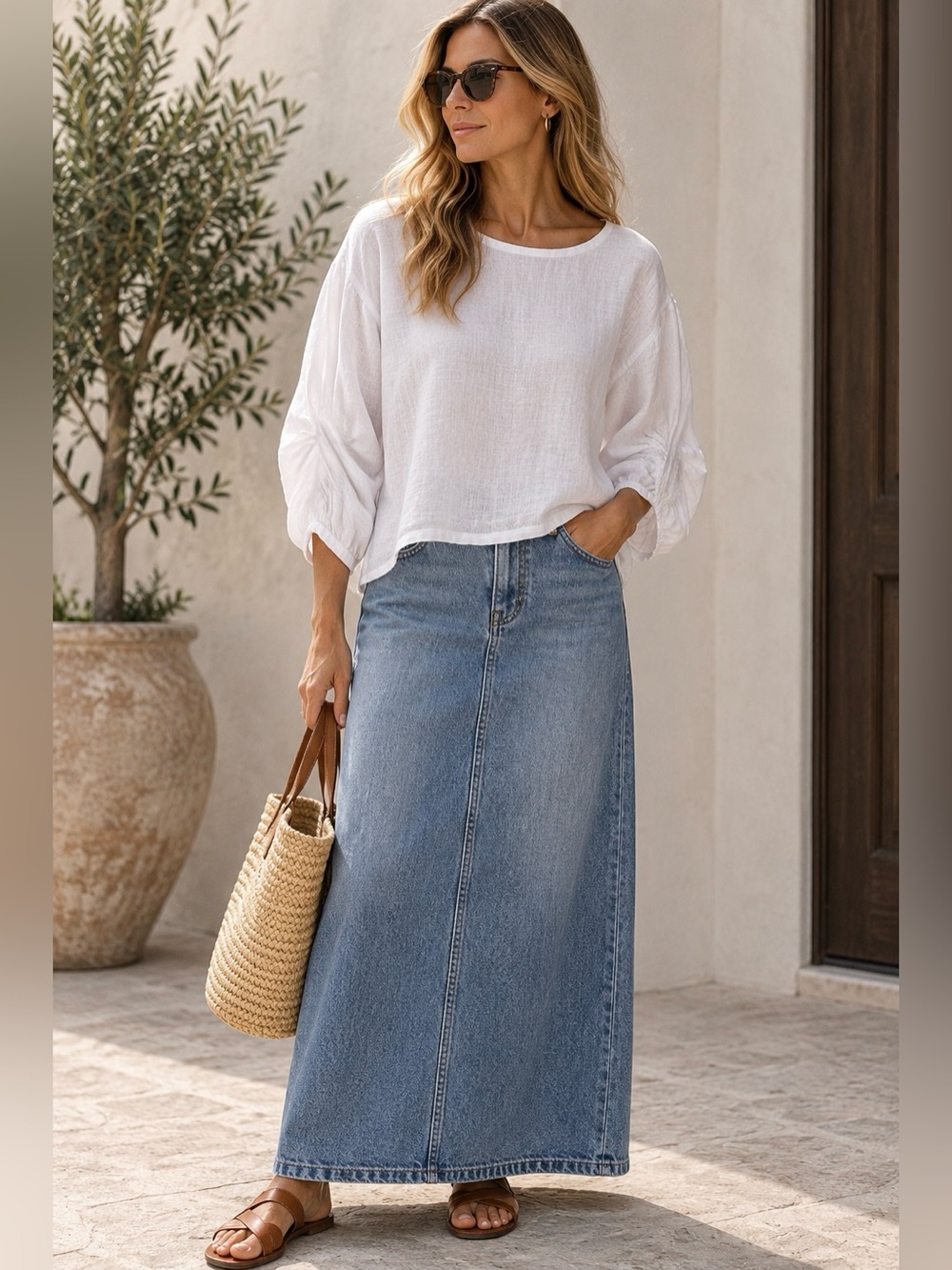 Women's White Linen Bubble-Sleeve Blouse